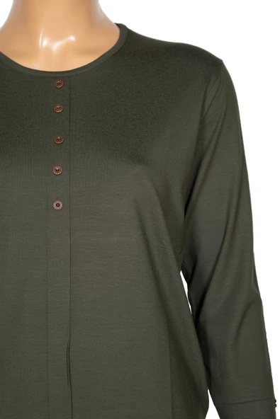 Cimariva Kadın Nüket Büyük Beden O Yaka Beş Süs Düğmeli Haki Bluz - 2