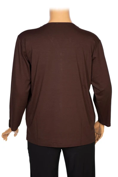 Cimariva Kadın Nüket Büyük Beden O Yaka Beş Süs Düğmeli Kahverengi Bluz - Resim 3