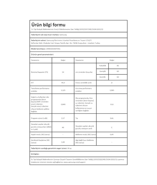 Samsung DW60DG560FWQTR 6 Program 14 Kişilik Bulaşık Makinesi - Resim 5