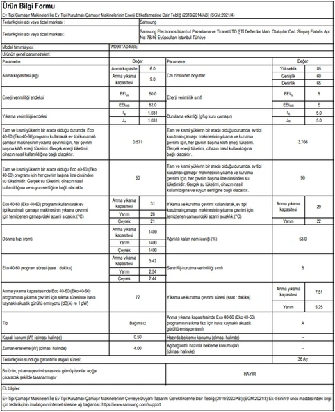 Samsung WD5000T WD90TA046BE1AH 1400 Devir 9+6 KG Kurutmalı Çamaşır Makinesi - Resim 7