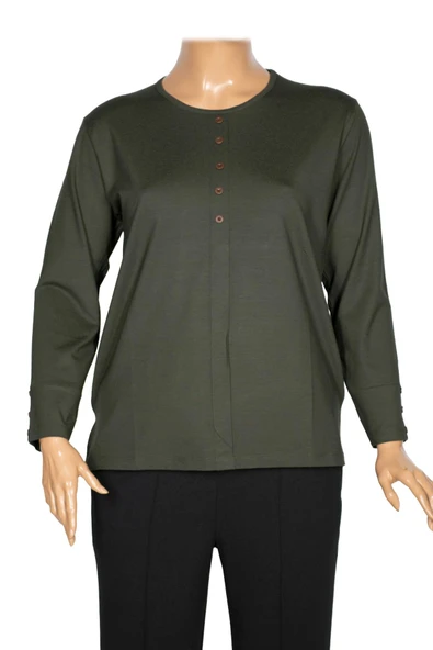 Cimariva Kadın Nüket Büyük Beden O Yaka Beş Süs Düğmeli Haki Bluz