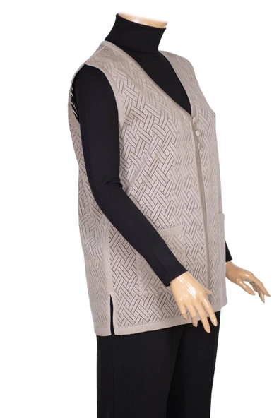 Hesna Kadın Yakut Triko Ajurlu Cepli Düğmeli Yırtmaçlı Taş Beji Yelek - 3