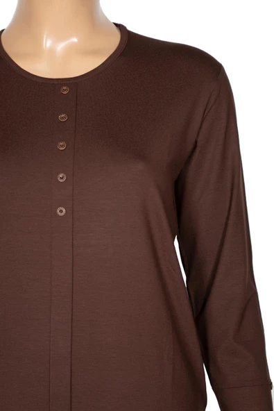 Cimariva Kadın Nüket Büyük Beden O Yaka Beş Süs Düğmeli Kahverengi Bluz - Resim 2