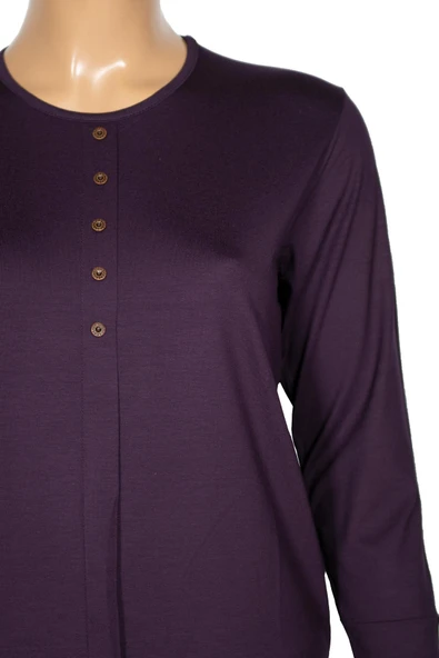 Cimariva Kadın Nüket Büyük Beden O Yaka Beş Süs Düğmeli Mürdüm Bluz - 2