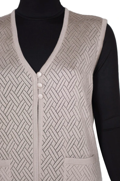 Hesna Kadın Yakut Triko Ajurlu Cepli Düğmeli Yırtmaçlı Taş Beji Yelek - 2