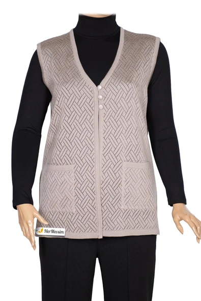 Hesna Kadın Yakut Triko Ajurlu Cepli Düğmeli Yırtmaçlı Taş Beji Yelek