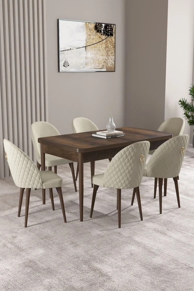 Milas Barok Desen 80x132 Açılabilir Mdf Masa Yemek Odası Takımı, Mutfak Takımı 6 Adet Sandalye Krem