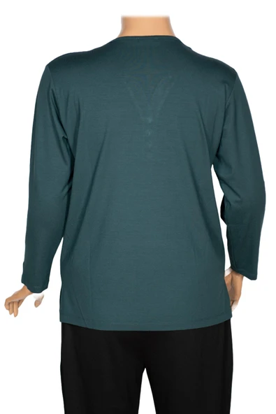 Cimariva Kadın Nüket Büyük Beden O Yaka Beş Süs Düğmeli Koyu Turkuaz Bluz - Resim 3