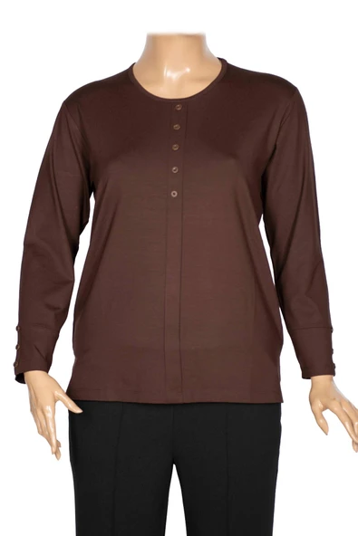 Cimariva Kadın Nüket Büyük Beden O Yaka Beş Süs Düğmeli Kahverengi Bluz ürün görseli 1