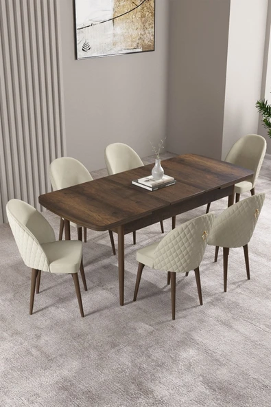 Milas Barok Desen 80x132 Açılabilir Mdf Masa Yemek Odası Takımı, Mutfak Takımı 6 Adet Sandalye Krem - 2