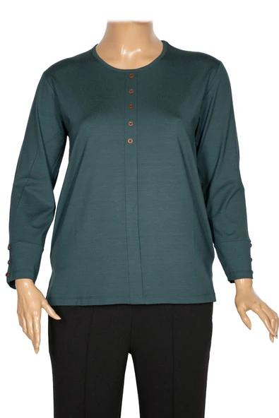 Cimariva Kadın Nüket Büyük Beden O Yaka Beş Süs Düğmeli Koyu Turkuaz Bluz ürün görseli 1