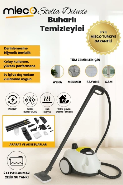 Mieco Stella Deluxe  5 Bar/ 2100W / Çok Fonksiyonlu 20 Parça Buharlı Temizleme Makinası - Beyaz ürün görseli