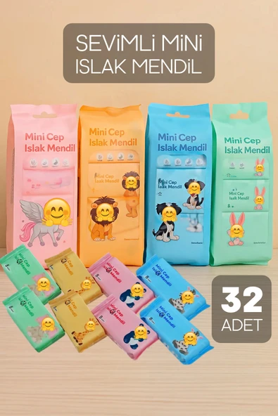 Tilbe Home 2 Adet Sevimli Figürlü Mini Islak Cep Mendili Panda Zebra Fil Zürafa Renkli Tasarım Cep Mendili