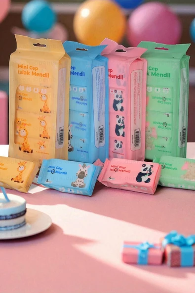 Tilbe Home 2 Adet Sevimli Figürlü Mini Islak Cep Mendili Panda Zebra Fil Zürafa Renkli Tasarım Cep Mendili - 2