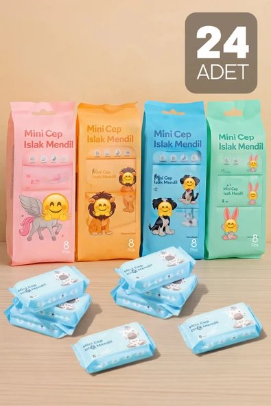 Tilbe Home 24 Adet Sevimli Figürlü Mini Islak Cep Mendili Panda Zebra Fil Zürafa Renkli Tasarım Cep Mendili