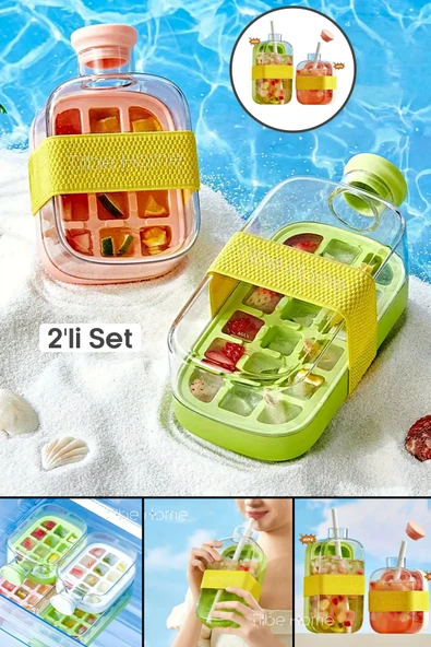 Tilbe Home 2'li Yeni Nesil Pipetli Buz Kalıbı Matara Kemerli Buz Kalıbı Su Şişesi Kapaklı Buz Küpü 800ml+500ml