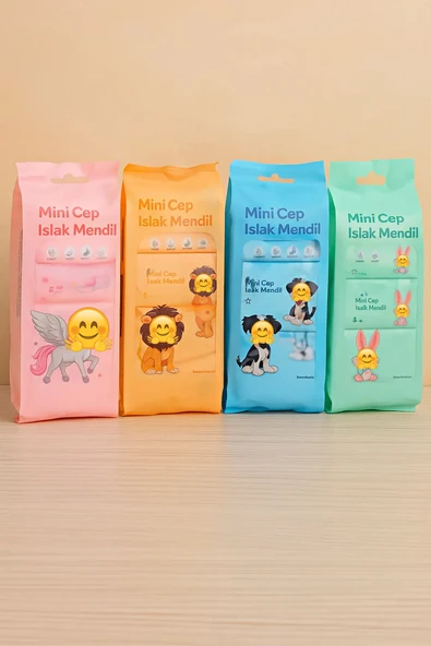 Tilbe Home 2 Adet Sevimli Figürlü Mini Islak Cep Mendili Panda Zebra Fil Zürafa Renkli Tasarım Cep Mendili - 3