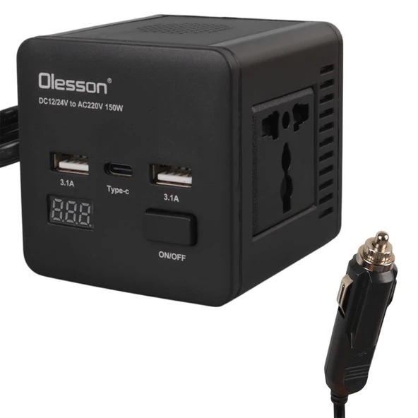 Olesson 1663 DC 12-24V 150W Oto Araç Power İnverter TYPE-C - Çift USB - 220V Üniversal Priz Girişli