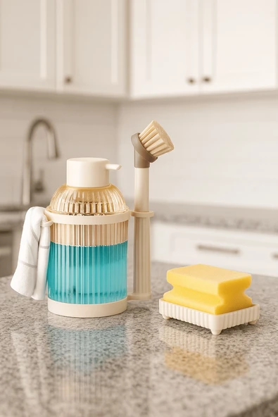 4 Parça Mutfak & Banyo Beyaz Temizlik Seti – Sıvı Sabunluk, Fırça, Havluluk & Süngerlik