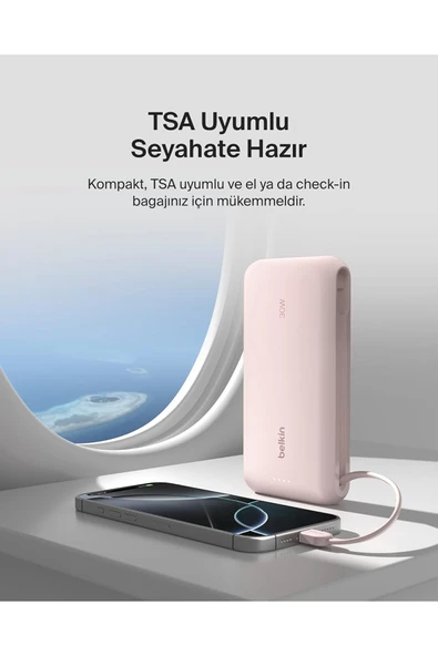 Belkin BoostCharge Powerbank, 20K Entegre Kablolu Taşınabilir Güç Kaynağı, 30 W Hızlı Şarj, USB-C - Resim 3