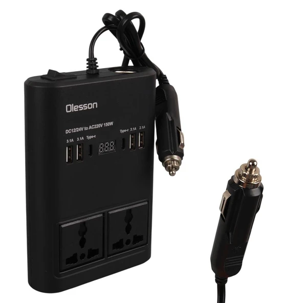 Olesson 1662 DC 12-24V 150W Oto Araç Power İnverter Ek Çakmak Girişi - 2x TYPE-C - 4x USB - 2x 220V Üniversal Priz - 1