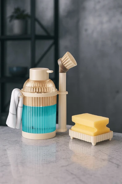 4 Parça Mutfak & Banyo Beyaz Temizlik Seti – Sıvı Sabunluk, Fırça, Havluluk & Süngerlik - 2