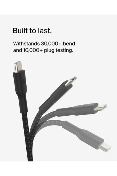Belkin BoostCharge Örgülü USB-C Hızlı Şarj Kablosu iPhone 15, Galaxy S24, iPad, MacBook için - 1m, Siyah - 4