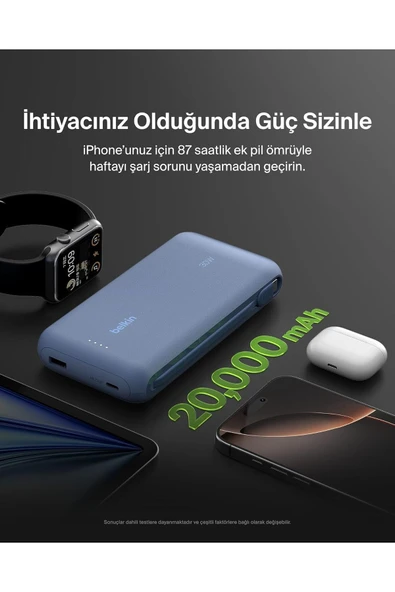Belkin BoostCharge Powerbank, 20K Entegre Kablolu Taşınabilir Güç Kaynağı, 30 W Hızlı Şarj, USB-C - Resim 4