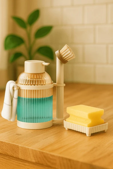 4 Parça Mutfak & Banyo Beyaz Temizlik Seti – Sıvı Sabunluk, Fırça, Havluluk & Süngerlik - 4