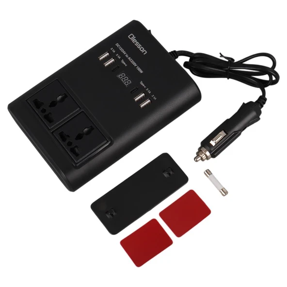 Olesson 1662 DC 12-24V 150W Oto Araç Power İnverter Ek Çakmak Girişi - 2x TYPE-C - 4x USB - 2x 220V Üniversal Priz - 3