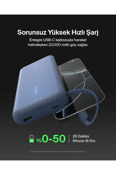 Belkin BoostCharge Powerbank, 20K Entegre Kablolu Taşınabilir Güç Kaynağı, 30 W Hızlı Şarj, USB-C - Resim 6
