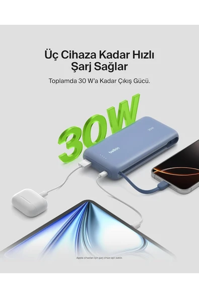 Belkin BoostCharge Powerbank, 20K Entegre Kablolu Taşınabilir Güç Kaynağı, 30 W Hızlı Şarj, USB-C - Resim 5