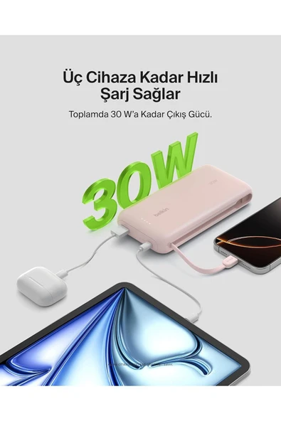 Belkin BoostCharge Powerbank, 20K Entegre Kablolu Taşınabilir Güç Kaynağı, 30 W Hızlı Şarj, USB-C - Resim 5