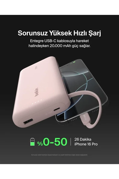 Belkin BoostCharge Powerbank, 20K Entegre Kablolu Taşınabilir Güç Kaynağı, 30 W Hızlı Şarj, USB-C - Resim 6