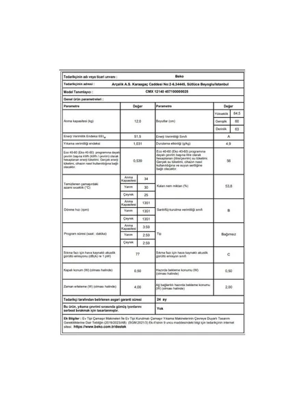 Beko CMX 12140 12 kg 1400 Devir Çamaşır Makinesi - 5