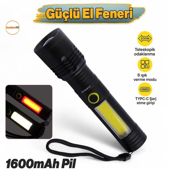 Çok Fonksiyonlu Şarjlı El Feneri Uzun Menzil Metal Kasa 10W COB LED Işıldak Teleskopik Odaklı ürün görseli