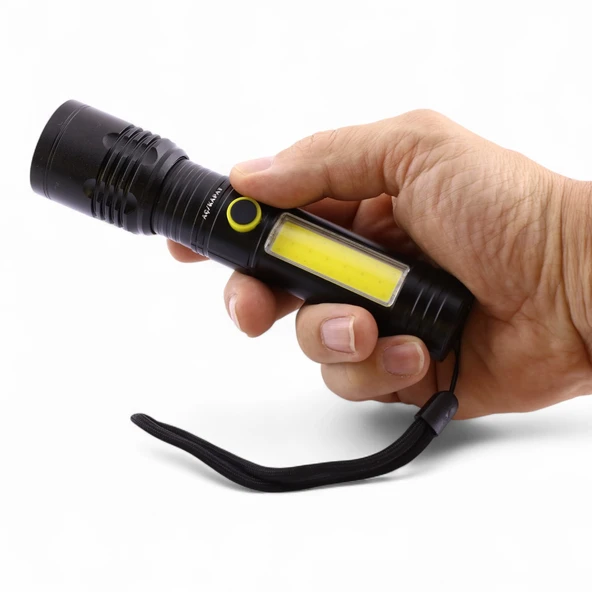 Çok Fonksiyonlu Şarjlı El Feneri Uzun Menzil Metal Kasa 10W COB LED Işıldak Teleskopik Odaklı - Resim 3