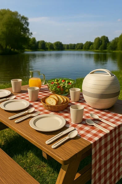 Taşınabilir 32 Parça Küre Piknik Kamp Mangal Tabak Çatal Kaşık Bıçak Yemek Takımı 6 Kişilik Set Kahverengi - 4