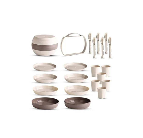 Taşınabilir 32 Parça Küre Piknik Kamp Mangal Tabak Çatal Kaşık Bıçak Yemek Takımı 6 Kişilik Set Kahverengi - 3