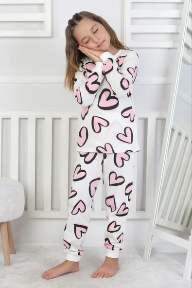 Kalp Desenli %100 Pamuk Kız Çocuk Pijama Takımı - Resim 4
