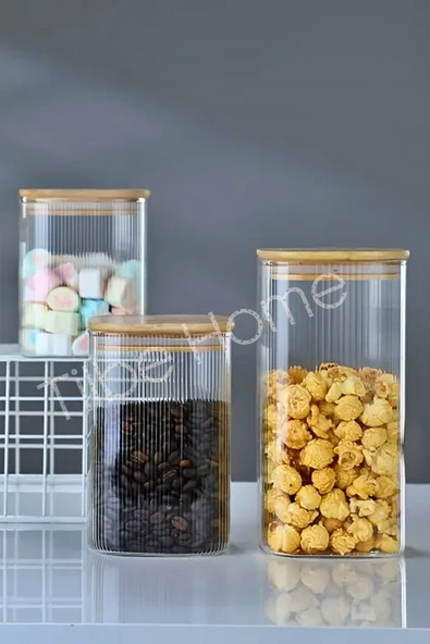 Tilbe Home 3lü Bambu Kapaklı Büyük Boy Cam Kavanoz Çizgili Kare Şeker Bakliyat Baharat Mutfak Saklama Kabı Set - Resim 3