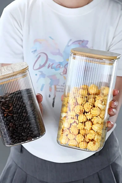 Tilbe Home 3lü Bambu Kapaklı Büyük Boy Cam Kavanoz Çizgili Kare Şeker Bakliyat Baharat Mutfak Saklama Kabı Set - Resim 6