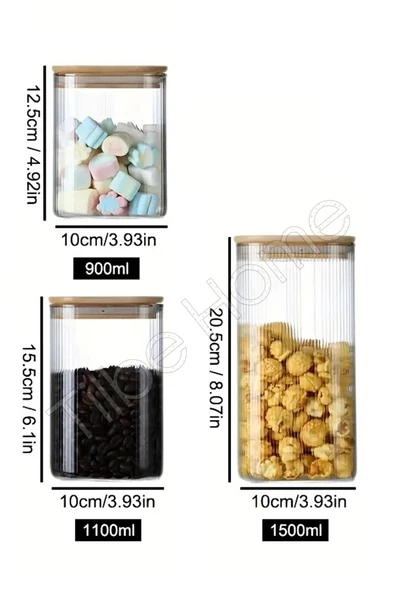 Tilbe Home 3lü Bambu Kapaklı Büyük Boy Cam Kavanoz Çizgili Kare Şeker Bakliyat Baharat Mutfak Saklama Kabı Set - Resim 2
