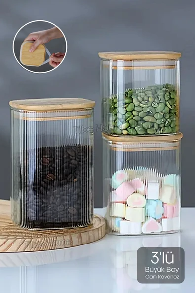 Tilbe Home 3lü Bambu Kapaklı Büyük Boy Cam Kavanoz Çizgili Kare Şeker Bakliyat Baharat Mutfak Saklama Kabı Set ürün görseli