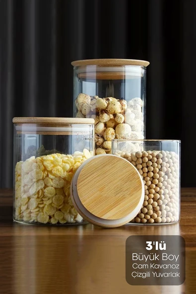 3lü Bambu Kapaklı Büyük Boy Cam Kavanoz Çizgili Yuvarlak Şeker Bakliyat Baharat Mutfak Saklama Kabı ürün görseli