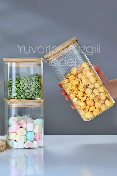 3lü Bambu Kapaklı Büyük Boy Cam Kavanoz Çizgili Yuvarlak Şeker Bakliyat Baharat Mutfak Saklama Kabı - Resim 3