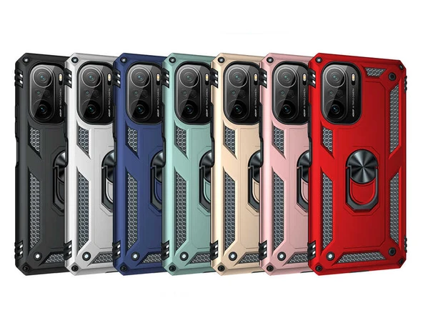 Xiaomi Poco F3 Uyumlu Kamera Korumalı Standlı Yüzüklü Tank Kılıf - 8