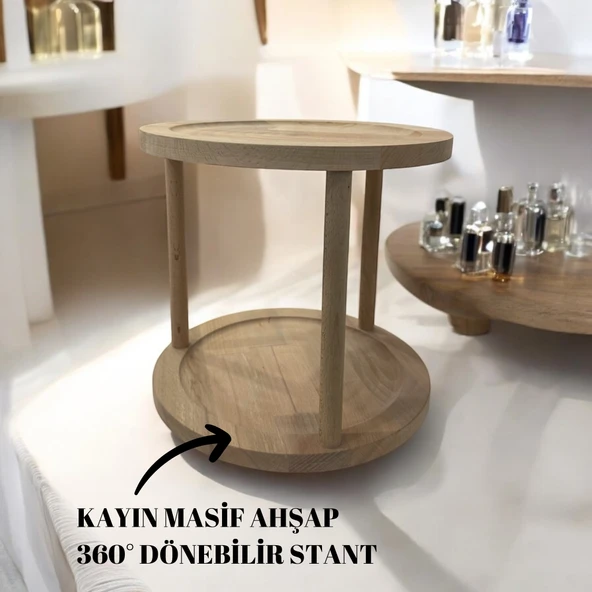 Moxo Creative Kayın Masif Ahşap 360 Derece Dönen Dekoratif İki Katlı Stant/Sunumluk/Düzenleyici-Organizer Tepsi - 1