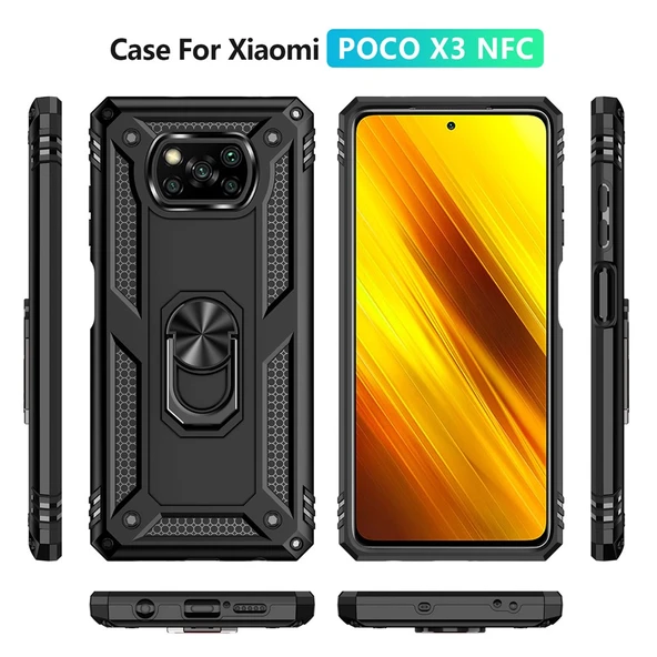 Xiaomi Poco X3 NFC Uyumlu Kamera Korumalı Standlı Yüzüklü Tank Kılıf - 8