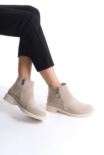 JET-MARGARET Fermuarlı Ortopedik Taban Topuklu Süet Kadın Bot  STT - Ten - Resim 2